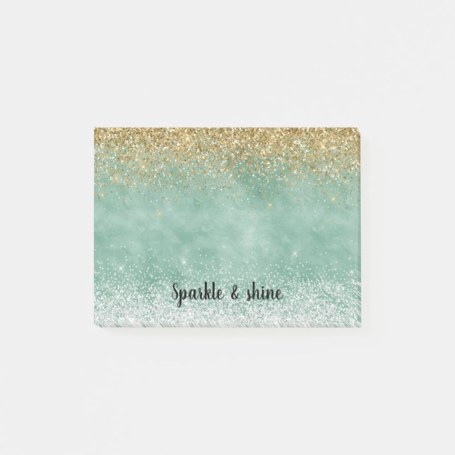 Mint White Glam Gold Sparkle Glitter Post-it Notes (Front)