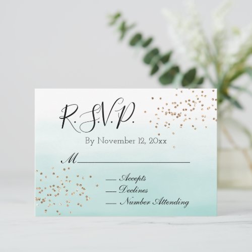Mint White Gold Confetti Wedding RSVP Enclosure Card