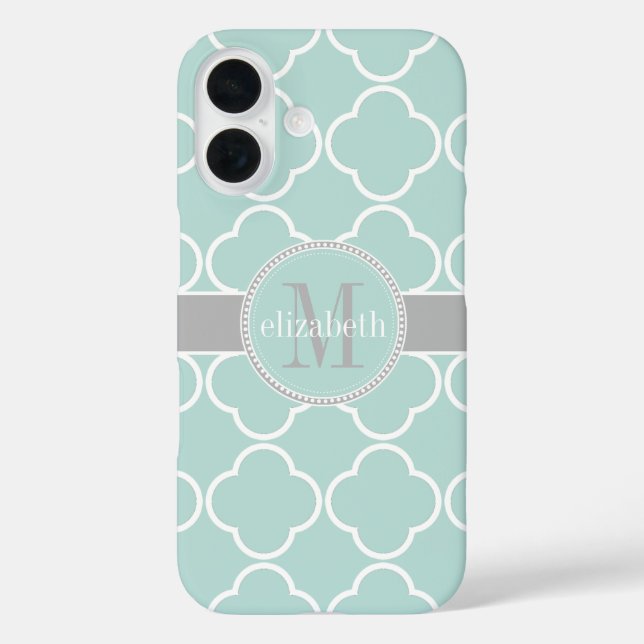 Mint | White | Gray Quatrefoil Clover Monogram Case-Mate iPhone Case (Back)