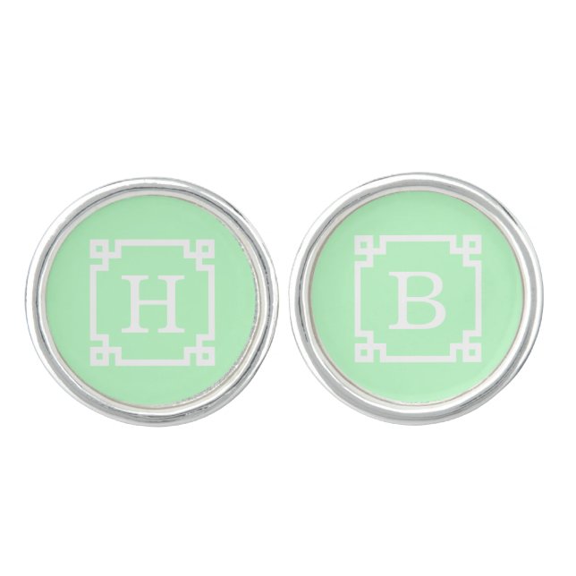 Mint White Greek Key Frame #2 Initial Monogram Cufflinks (Front)