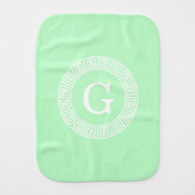 Mint White Greek Key Rnd Frame Initial Monogram Burp Cloth (Front)
