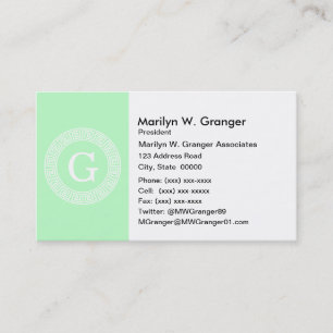 Mint White Greek Key Rnd Frame Initial Monogram Business Card