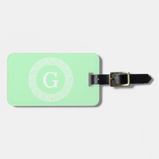 Mint White Greek Key Rnd Frame Initial Monogram Luggage Tag