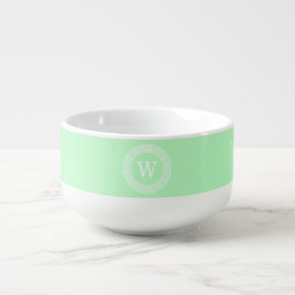Mint White Greek Key Rnd Frame Initial Monogram Soup Mug