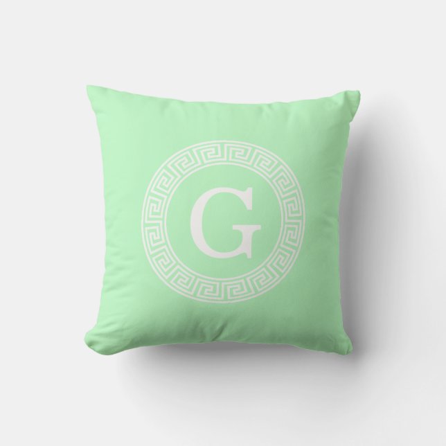 Mint White Greek Key Rnd Frame Initial Monogram Throw Pillow (Front)