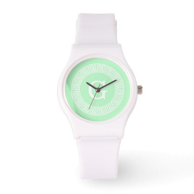 Mint White Greek Key Rnd Frame Initial Monogram Watch (Front)