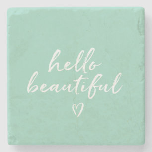 Mint White Hello Beautiful Inspirational Heart Stone Coaster