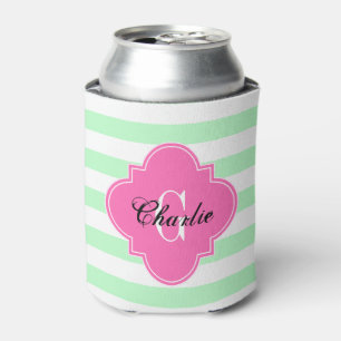 Mint White Horiz Stripe HP Name Init Monogram Can Cooler