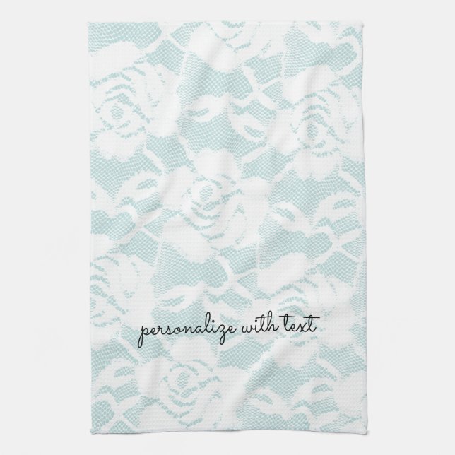 Mint White Lace Roses Floral Kitchen Towel (Vertical)