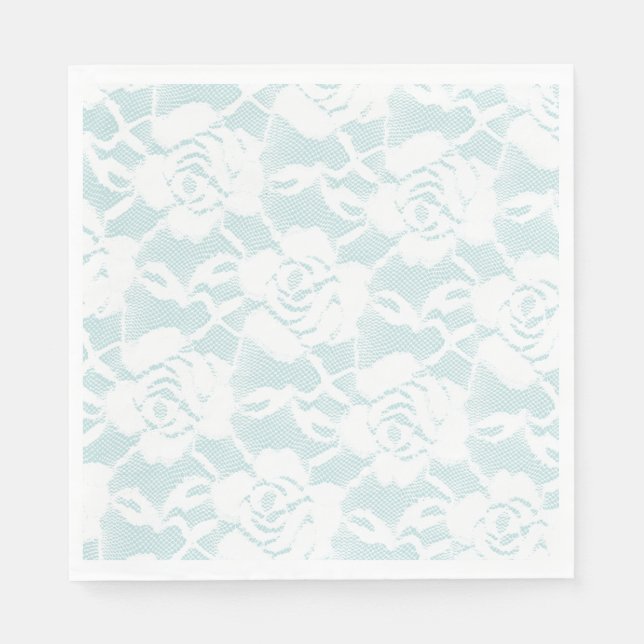 Mint White Lace Roses Floral Napkins (Front)