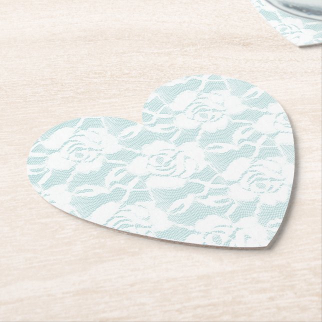 Mint White Lace Roses Floral Paper Coaster (Angled)