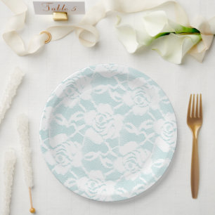 Mint White Lace Roses Floral Paper Plates