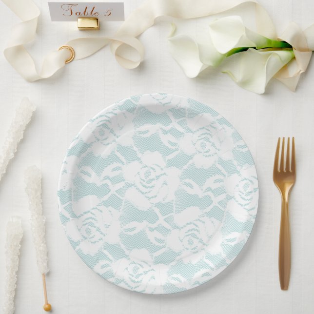Mint White Lace Roses Floral Paper Plates (Wedding)