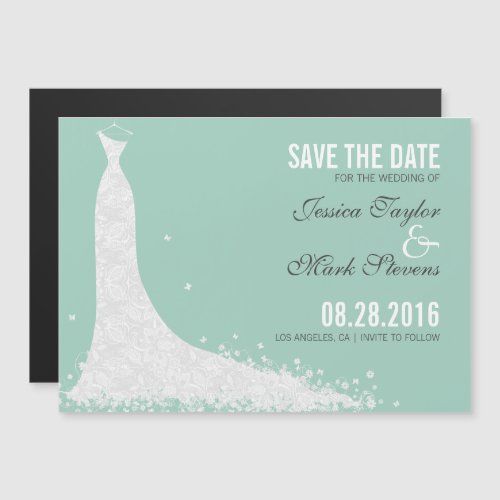 Mint  White Lace Wedding Dress Save The Date Magnetic Invitation