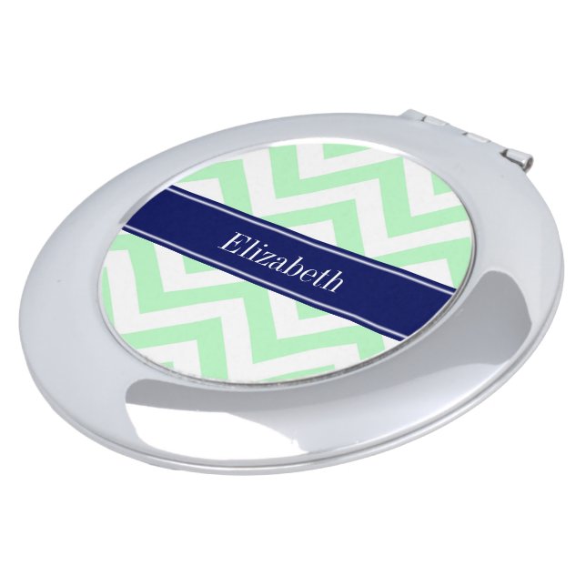 Mint White LG Chevron Navy Blue Name Monogram Makeup Mirror (Turned)