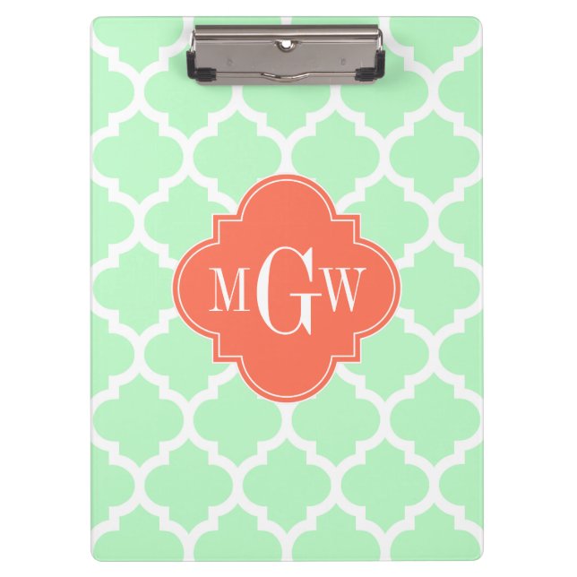 Mint White Moroccan #5 Coral 3 Initial Monogram Clipboard (Front)
