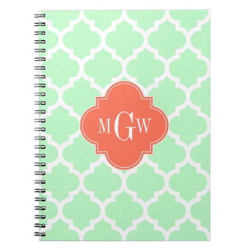 Mint White Moroccan 5 Coral 3 Initial Monogram Notebook