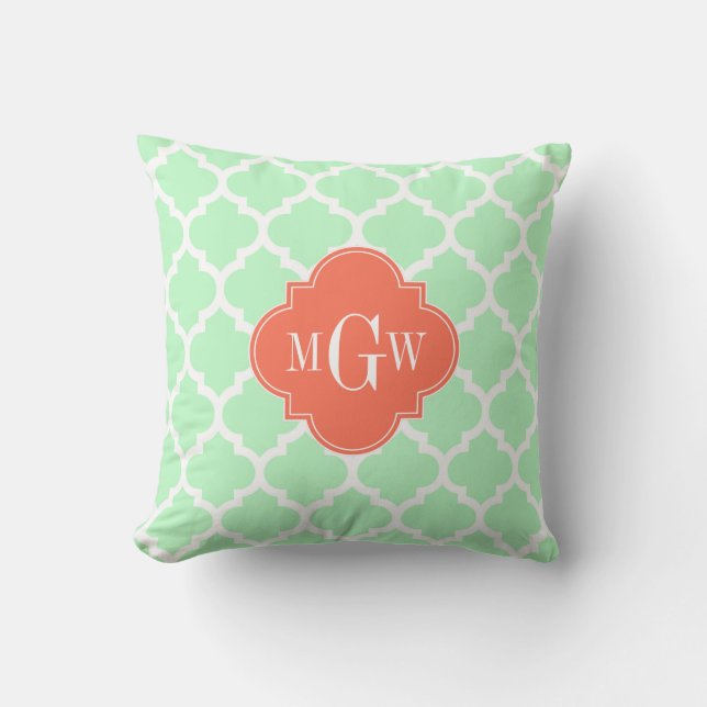 Mint White Moroccan #5 Coral 3 Initial Monogram Throw Pillow (Front)