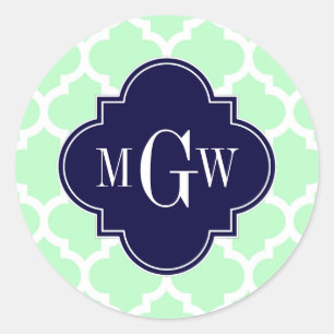 Mint, White Moroccan #5 Navy 3 Initial Monogram Classic Round Sticker