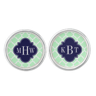 Mint, White Moroccan #5 Navy 3 Initial Monogram Cufflinks