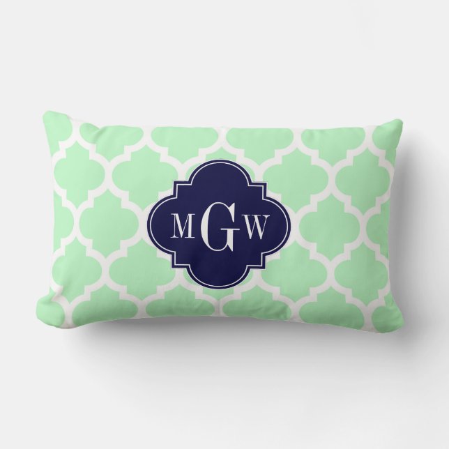 Mint, White Moroccan #5 Navy 3 Initial Monogram Lumbar Pillow (Front)