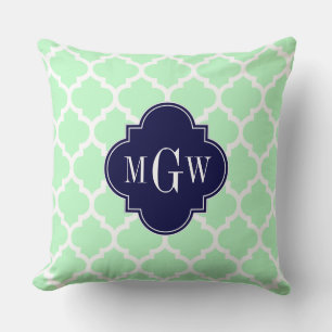 Mint, White Moroccan #5 Navy 3 Initial Monogram Throw Pillow