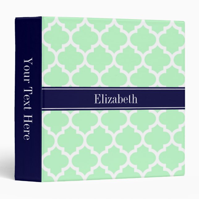 Mint White Moroccan #5 Navy Blue Name Monogram Binder (Front/Spine)