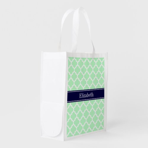 Mint White Moroccan 5 Navy Blue Name Monogram Grocery Bag