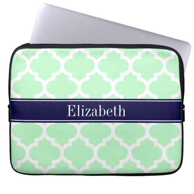 Mint White Moroccan #5 Navy Blue Name Monogram Laptop Sleeve (Front)