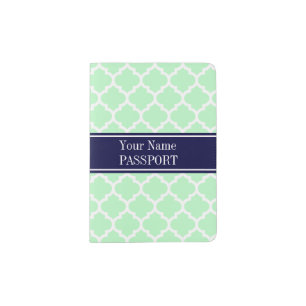 Mint White Moroccan #5 Navy Blue Name Monogram Passport Holder