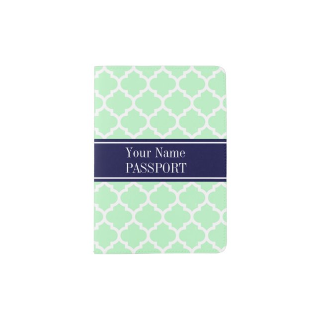 Mint White Moroccan #5 Navy Blue Name Monogram Passport Holder (Front)