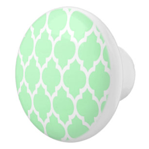 Mint White Moroccan Quatrefoil Pattern #4 Ceramic Knob