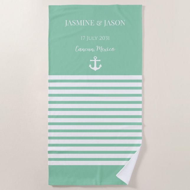 Mint White Personalized Destination Wedding Favor Beach Towel (Front)