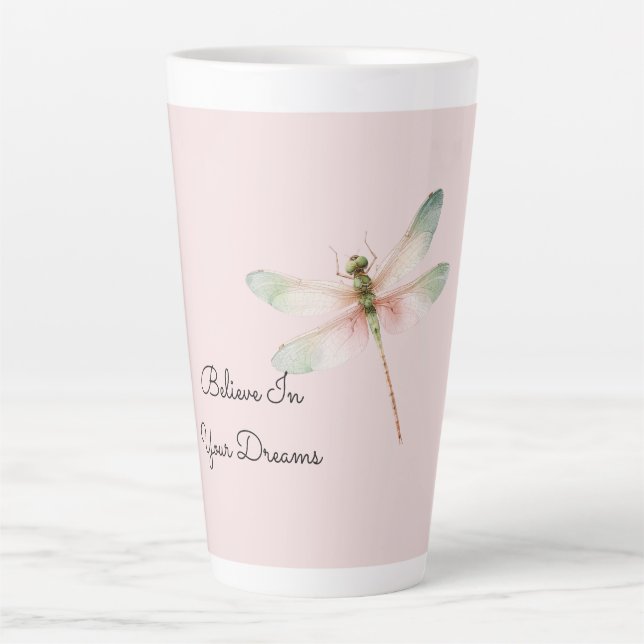 Mint White Pink Dragonfly Latte Mug (Front)