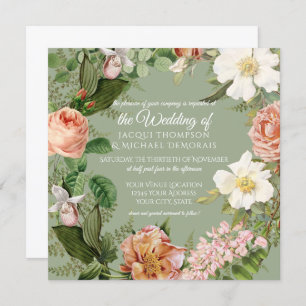 Mint White Rose Vintage Botanical Floral Wedding Invitation