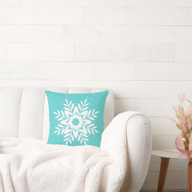 Mint White Snowflake Throw Pillow (Couch)