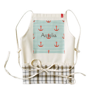 Mint,white,stripes,red anchor,marine,pattern,trend zazzle HEART apron