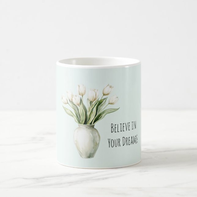 Mint White Tulip Flowers in Vase Coffee Mug (Center)