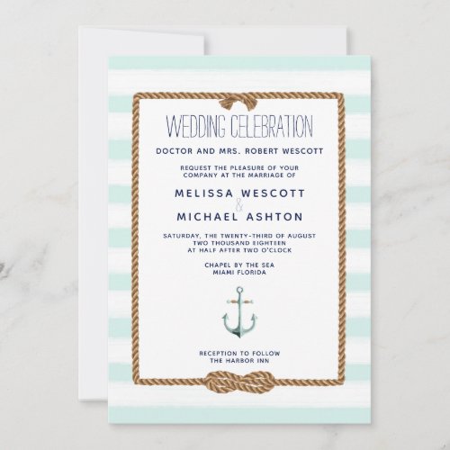 Mint  White Watercolor Nautical Knot Wedding Invitation