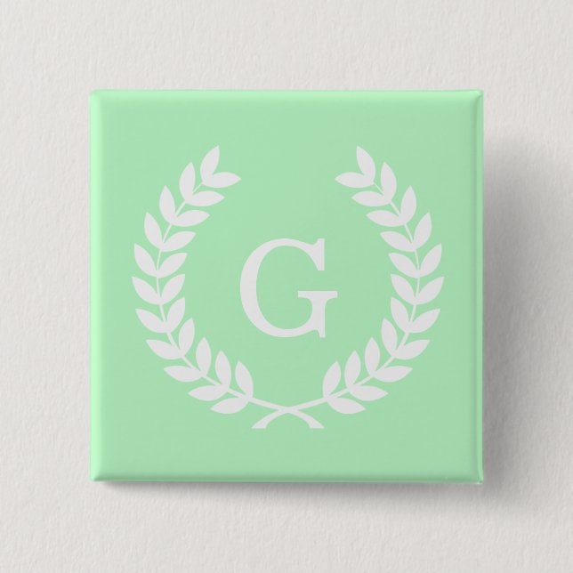 Mint White Wheat Laurel Wreath Initial Monogram Button (Front)