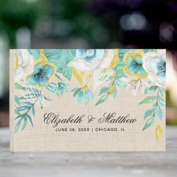 Mint White Yellow Floral Burlap Texture Wedding Guest Book by YourWeddingDay at Zazzle