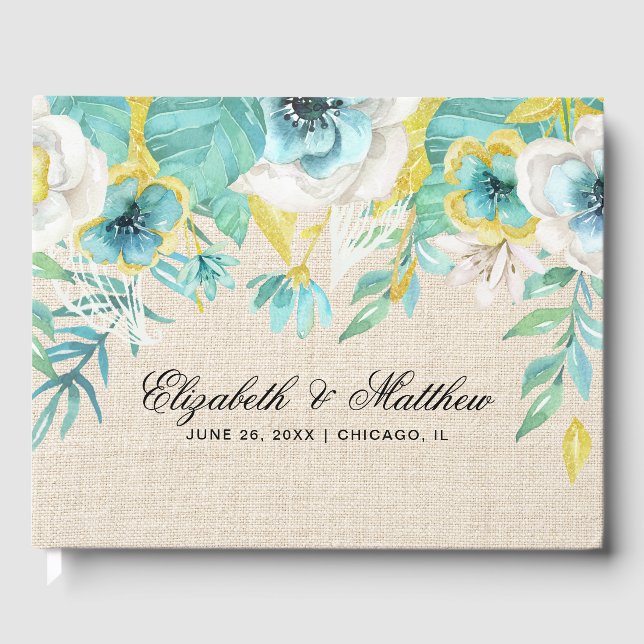 Mint White Yellow Floral Burlap Texture Wedding Guest Book (Front)