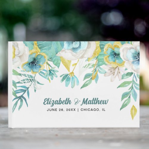 Mint White Yellow Floral Watercolor Wedding  Guest Book