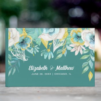 Mint White Yellow Floral Watercolor Wedding  Guest Book by YourWeddingDay at Zazzle