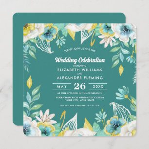 Mint White Yellow Floral Watercolor Wedding Invitation