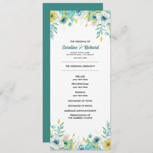 Mint White Yellow Floral Wedding Program