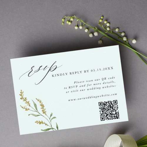 Mint Wildflower Elegant Wedding QR Code RSVP Card