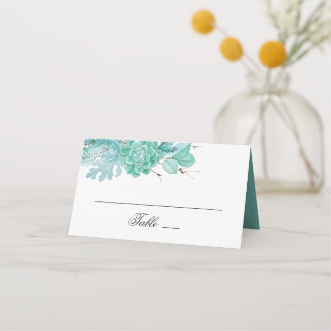 Mint winter floral wedding. Watercolor succulents Place Card (Front)
