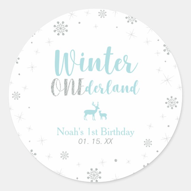  Mint Winter Onderland 1st Birthday Party Favor Classic Round Sticker (Front)