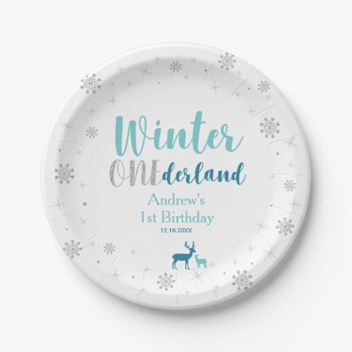 Mint Winter Onederland Boy 1st Birthday Party Paper Plates